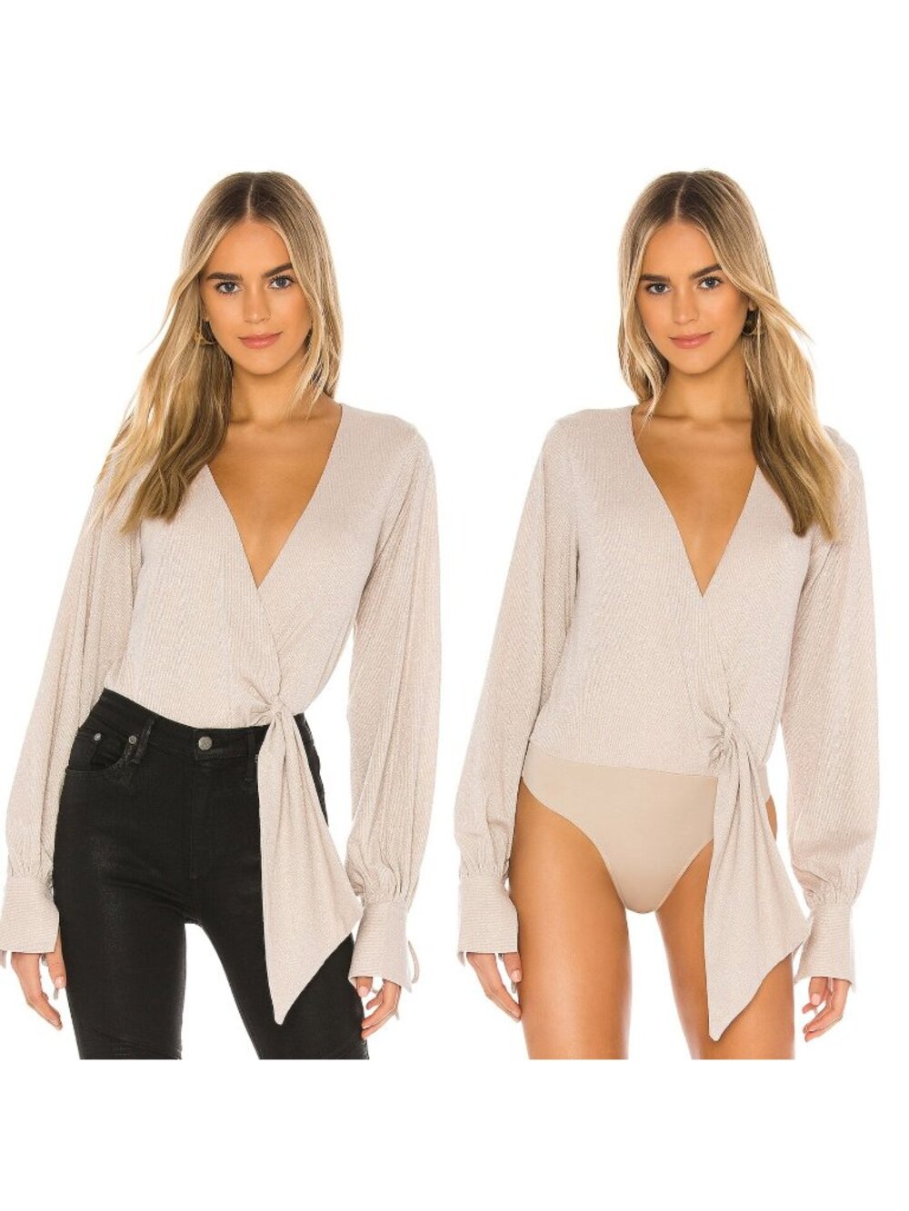 Lovers + Friends Size S Nude Beige Cedar Metallic Long Sleeve Wrap Tie Bodysuit